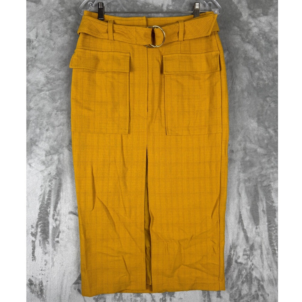 M&S Collection Ochre Yellow Belted Midi Pencil‎ Skirt Front Slit Textured UK 10